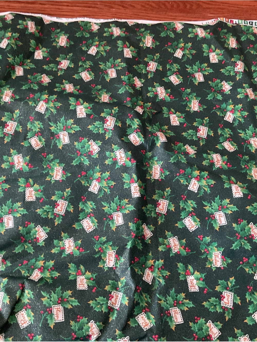 Christmas Holly Print Fabric Square in Dark Green - 58” by 44” - new